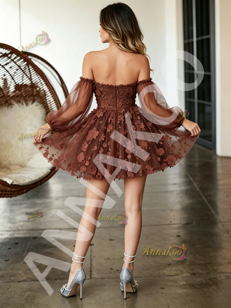 Shop 2026 ANNAKOO Off The Shoulder Brown Tulle Long Sleeve Lace Homecoming Dress Under 139