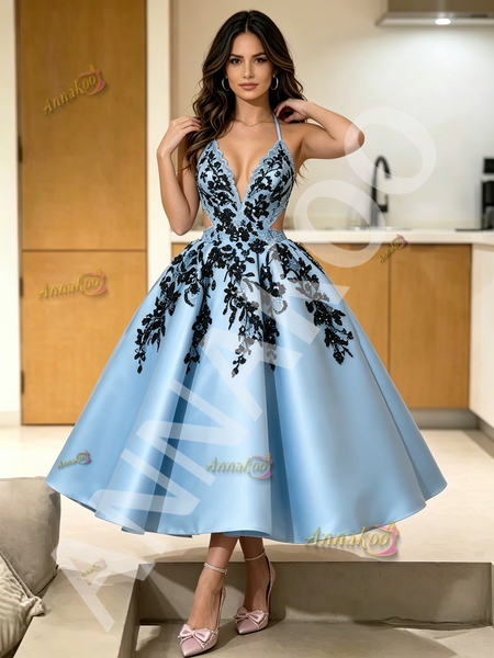 Shop 2026 ANNAKOO Halter Cut Out Appliques Light Blue Satin Homecoming Dress Under 189