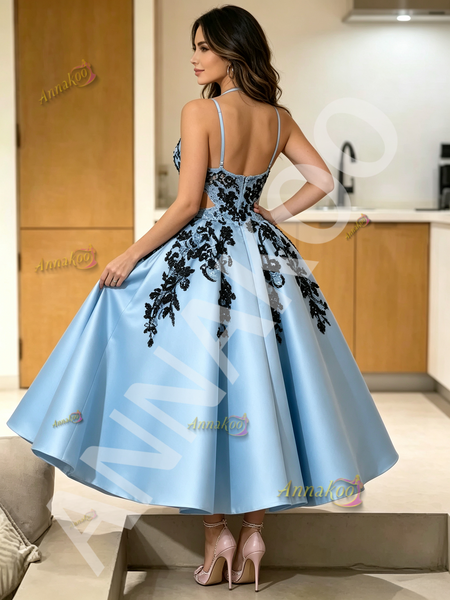 Shop 2026 ANNAKOO Halter Cut Out Appliques Light Blue Satin Homecoming Dress Under 189