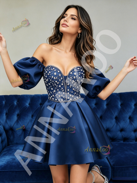 Shop 2026 ANNAKOO Navy Blue Puffy Sleeve Satin Beading Homecoming Dress Under 159