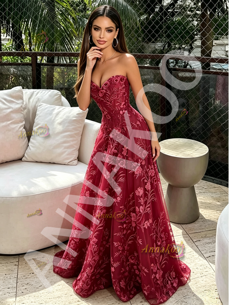 Shop 2026 ANNAKOO Burgundy Lace Sweetheart A Line Tulle Prom Dress Under 189