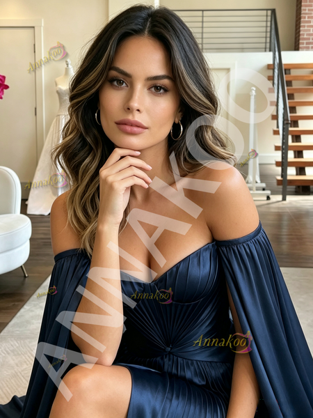 Shop 2026 ANNAKOO Navy A Line Off The Shoulder Satin Prom Dress With Cape Under 169