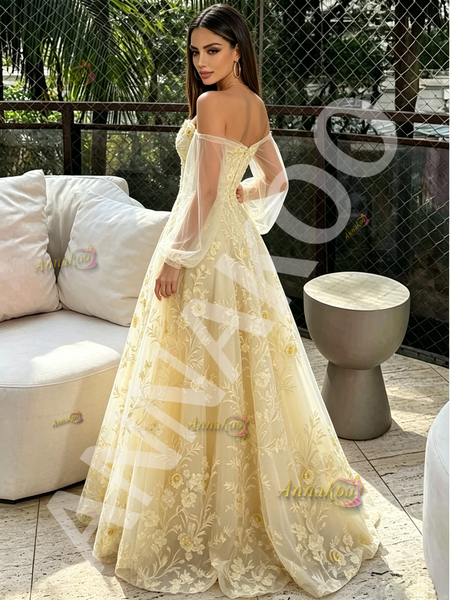 Shop 2026 ANNAKOO Long Sleeve Yellow Off The Shoulder A Line Prom Dress Under 189