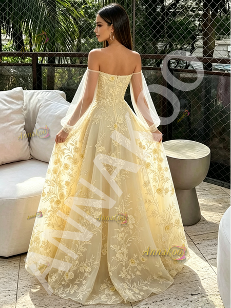 Shop 2026 ANNAKOO Long Sleeve Yellow Off The Shoulder A Line Prom Dress Under 189