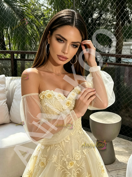 Shop 2026 ANNAKOO Long Sleeve Yellow Off The Shoulder A Line Prom Dress Under 189