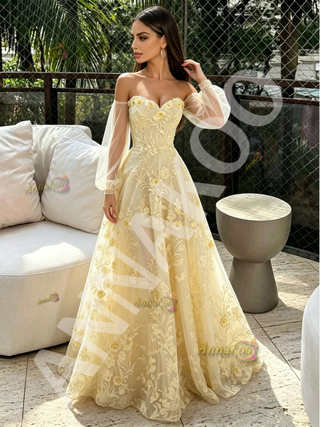 Shop 2026 ANNAKOO Long Sleeve Yellow Off The Shoulder A Line Prom Dress Under 189