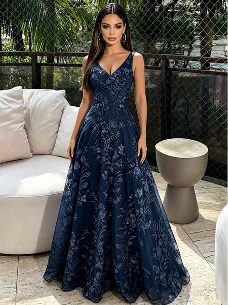 Shop 2026 ANNAKOO Deep V Neck Navy Blue A Line Lace Prom Dress Under 189