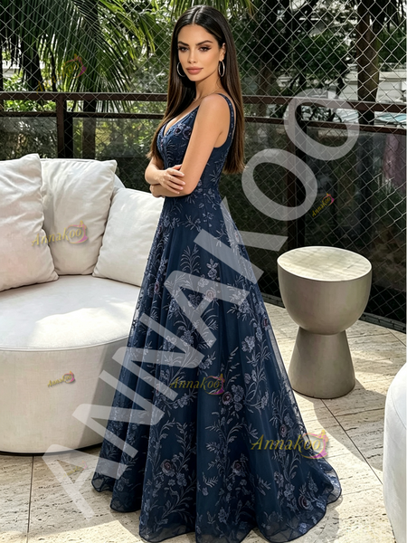 Shop 2026 ANNAKOO Deep V Neck Navy Blue A Line Lace Prom Dress Under 189
