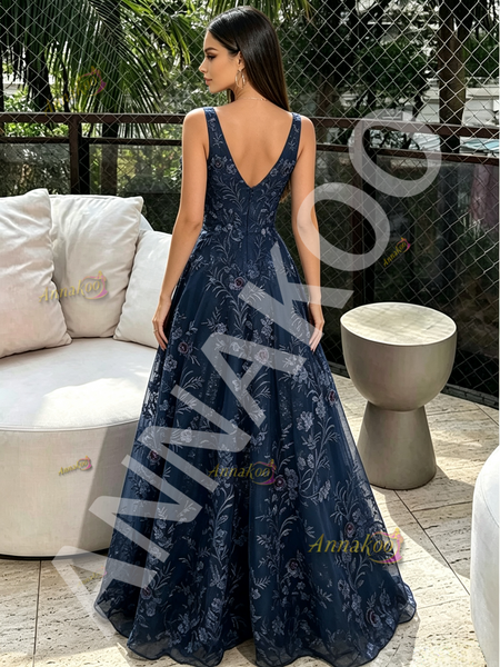 Shop 2026 ANNAKOO Deep V Neck Navy Blue A Line Lace Prom Dress Under 189