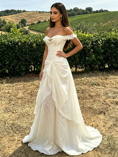 Shop 2026 ANNAKOO Off The Shoulder Ivory Organza Ruffles Prom Dress Under 189