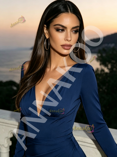 Shop 2026 ANNAKOO Deep V Neck Long Sleeve Spandex Sheath Column Prom Dress With Slit Under 149