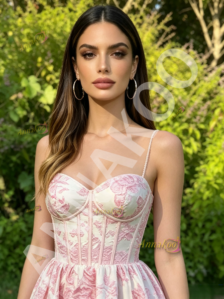 Shop 2026 ANNAKOO Spaghetti Straps Pink Satin Print A Line Prom Dress Under 178