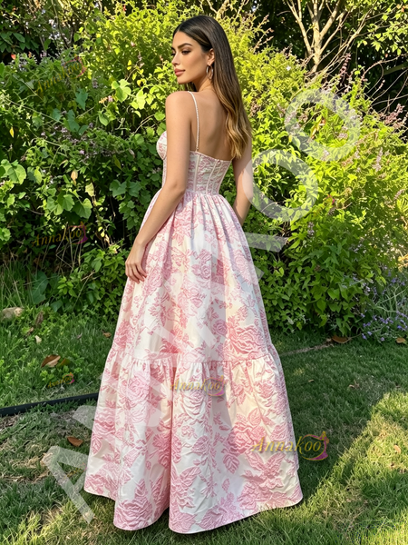 Shop 2026 ANNAKOO Spaghetti Straps Pink Satin Print A Line Prom Dress Under 178