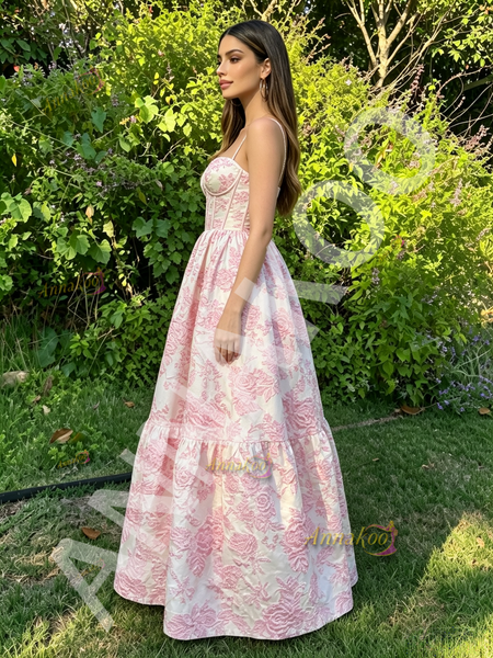 Shop 2026 ANNAKOO Spaghetti Straps Pink Satin Print A Line Prom Dress Under 178
