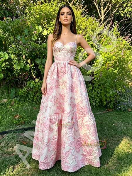 Shop 2026 ANNAKOO Spaghetti Straps Pink Satin Print A Line Prom Dress Under 178