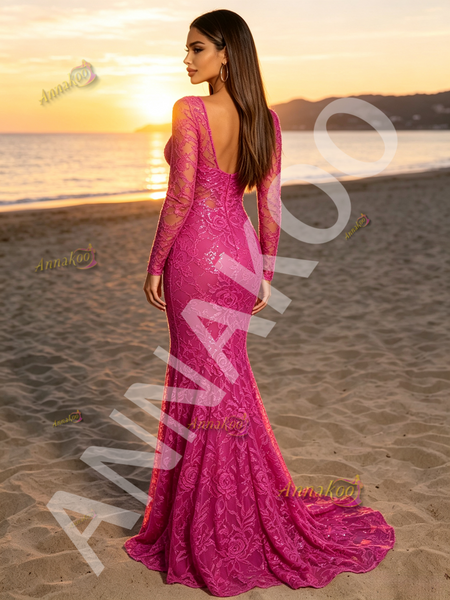 Shop 2026 ANNAKOO Fuchsia Long Sleeve V Neck Lace Trumpet Mermaid Prom Dress Under 189