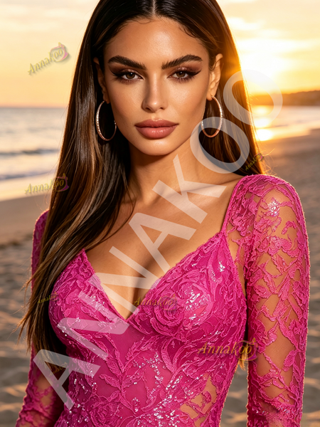Shop 2026 ANNAKOO Fuchsia Long Sleeve V Neck Lace Trumpet Mermaid Prom Dress Under 189
