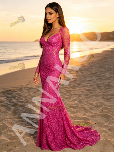Shop 2026 ANNAKOO Fuchsia Long Sleeve V Neck Lace Trumpet Mermaid Prom Dress Under 189