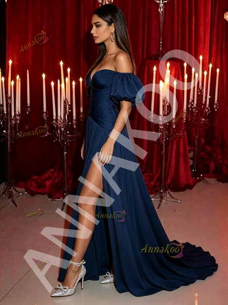 Satin Sweetheart Puffy Sleeve A Line Navy Blue Prom Dress With Slit