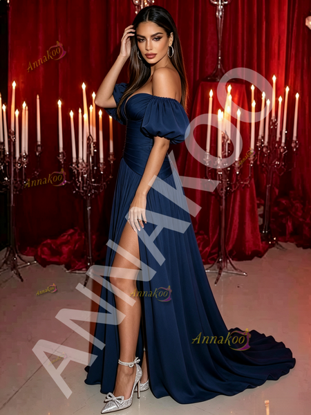 Satin Sweetheart Puffy Sleeve A Line Navy Blue Prom Dress With Slit