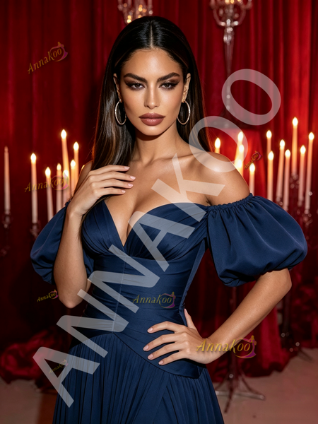 Satin Sweetheart Puffy Sleeve A Line Navy Blue Prom Dress With Slit
