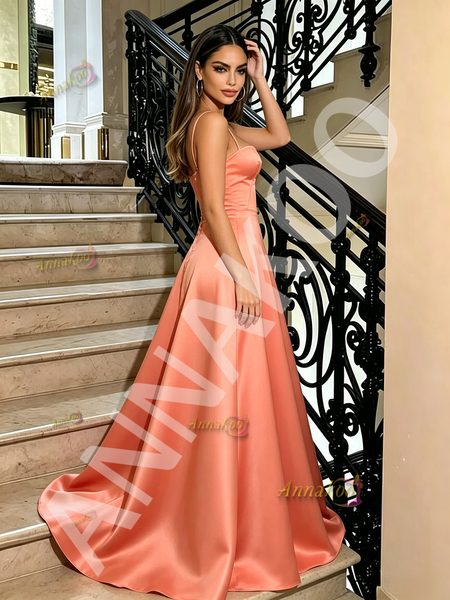 Shop 2026 ANNAKOO Orange Spaghetti Straps Satin A Line Satin Prom Dress Under 129
