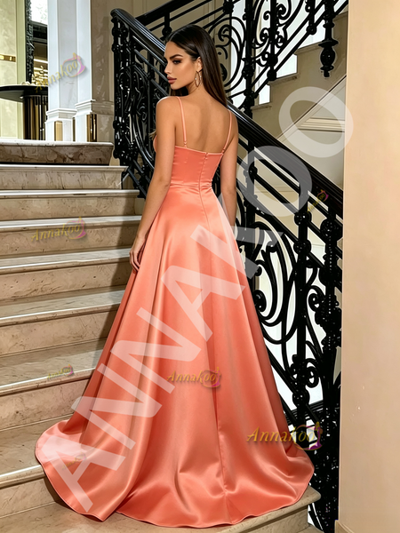 Shop 2026 ANNAKOO Orange Spaghetti Straps Satin A Line Satin Prom Dress Under 129