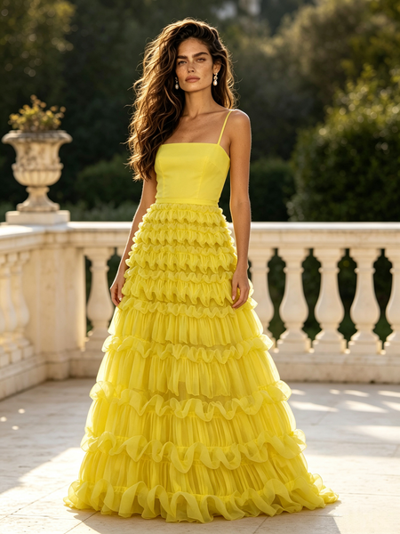 Shop 2026 ANNAKOO Spaghetti Straps A Line Yellow Tulle Ruffles Prom Dress Under 198