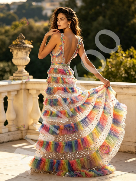 V Neck Rainbow Sequin A Line Backless Tulle Prom Dress