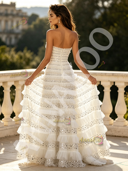 Shop 2026 ANNAKOO White Ruffles Strapless Sequin A Line Prom Dress Under 229