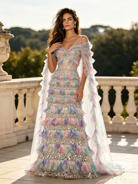 V Neck Ruffles Sequin Ombre A Line Cape Prom Dress 