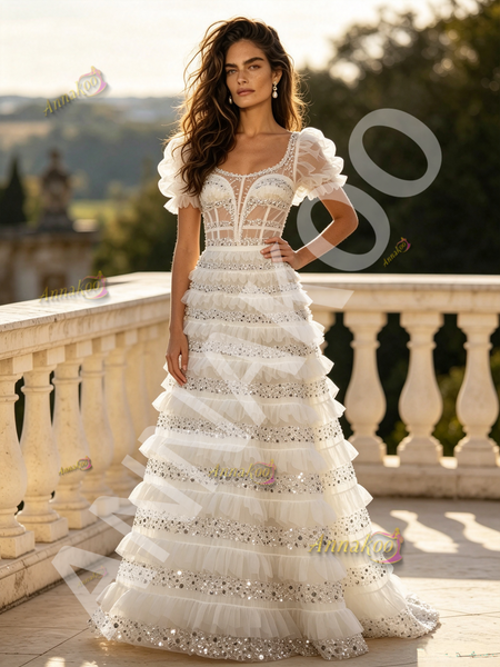 Shop 2026 ANNAKOO Puffy Sleeve White Sequin A Line Sweetheart Princess Prom Dress Under 239