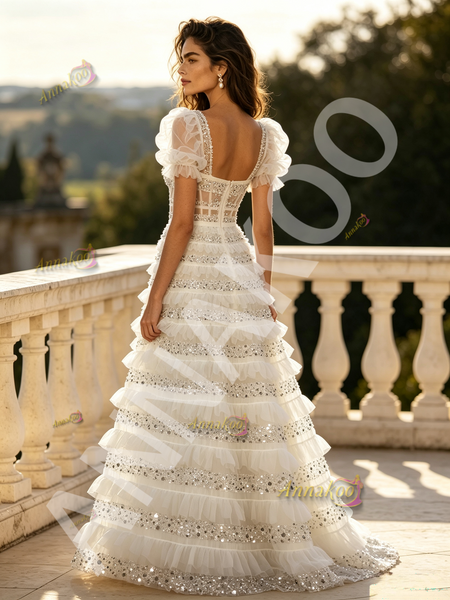 Shop 2026 ANNAKOO Puffy Sleeve White Sequin A Line Sweetheart Princess Prom Dress Under 239