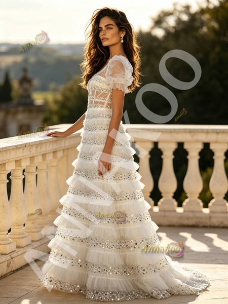 Shop 2026 ANNAKOO Puffy Sleeve White Sequin A Line Sweetheart Princess Prom Dress Under 239