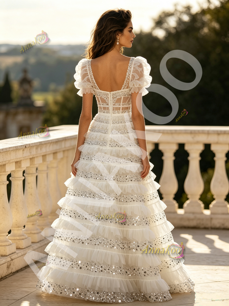Shop 2026 ANNAKOO Puffy Sleeve White Sequin A Line Sweetheart Princess Prom Dress Under 239