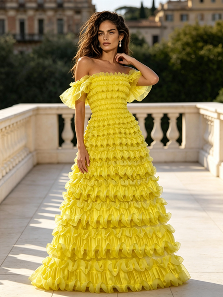 Shop 2026 ANNAKOO Yellow Off The Shoulder Ruffles A Line Prom Dress Under 198