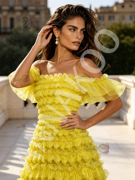 Shop 2026 ANNAKOO Yellow Off The Shoulder Ruffles A Line Prom Dress Under 198