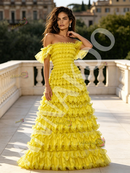 Shop 2026 ANNAKOO Yellow Off The Shoulder Ruffles A Line Prom Dress Under 198