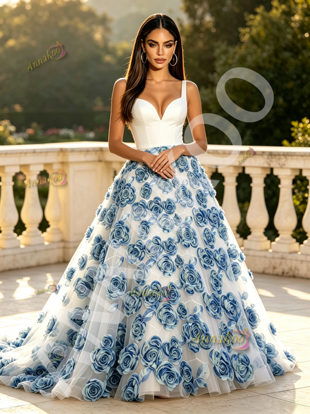 White Satin V Neck Tulle 3D Rose Flower Prom Dress