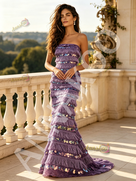 Shop 2026 ANNAKOO Purple Strapless Layers Sequin Trumpet Mermaid Prom Dress Under 249