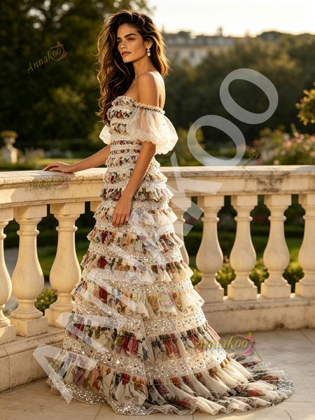 Chic Off Shoulder Puffy Sleeve Layered Sequin Print Prom Dress.