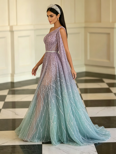 Shop 2026 ANNAKOO Sparkle Green Purple One Shoulder A Line Prom Dress Under 329