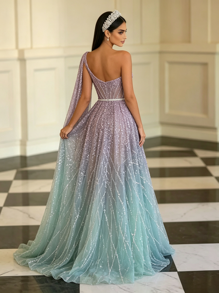 Shop 2026 ANNAKOO Sparkle Green Purple One Shoulder A Line Prom Dress Under 329