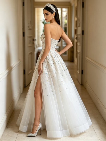 2026 Sweetheart A-Line Tulle Pearl Colorful Beaded Wedding Dress