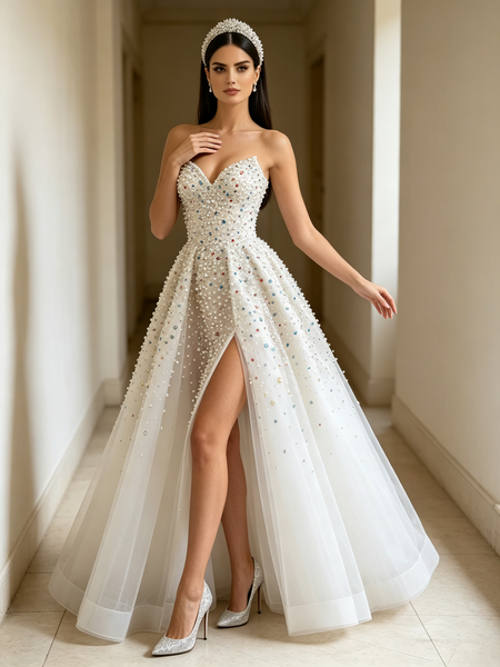 2026 Sweetheart A-Line Tulle Pearl Colorful Beaded Wedding Dress