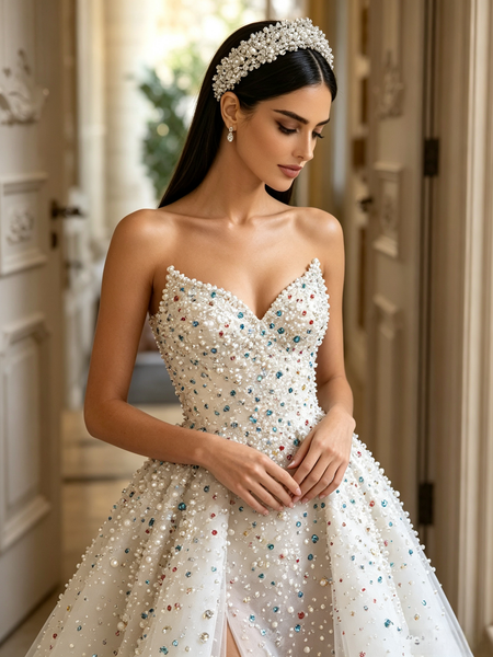 2026 Sweetheart A-Line Tulle Pearl Colorful Beaded Wedding Dress