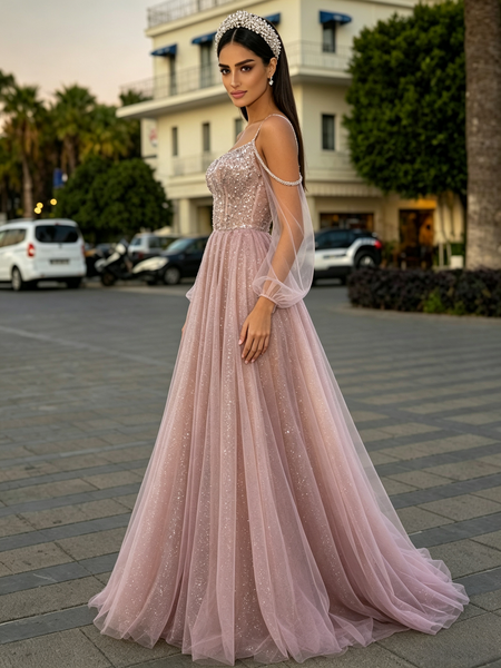 Shop 2026 ANNAKOO Spaghetti Straps Cold Shoulder A Line Pink Long Sleeve Prom Dress Under 259