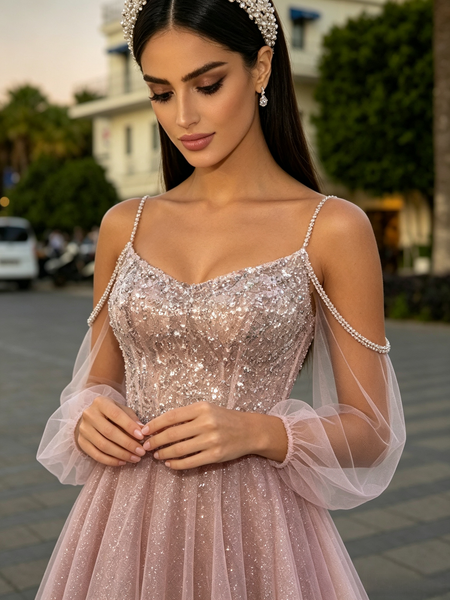 Shop 2026 ANNAKOO Spaghetti Straps Cold Shoulder A Line Pink Long Sleeve Prom Dress Under 259