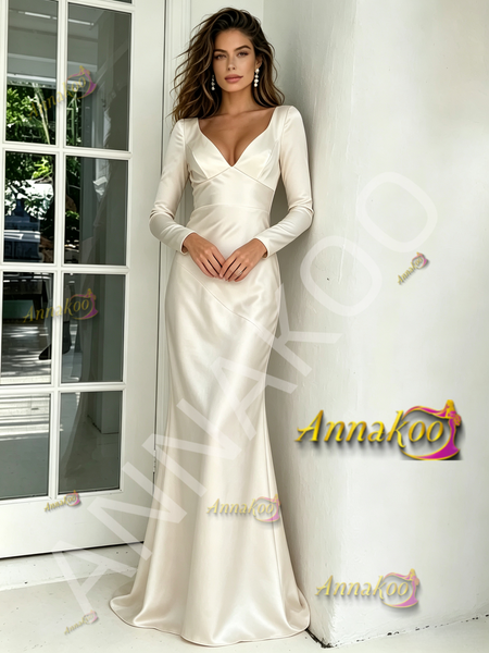 Long Sleeve V Neck Open Back Elastic Satin Wedding Dress 