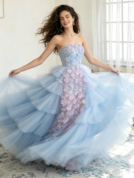 Shop 2026 ANNAKOO Detachable Train Strapless Tulle Flowers A Line Blue Prom Dress Under 298